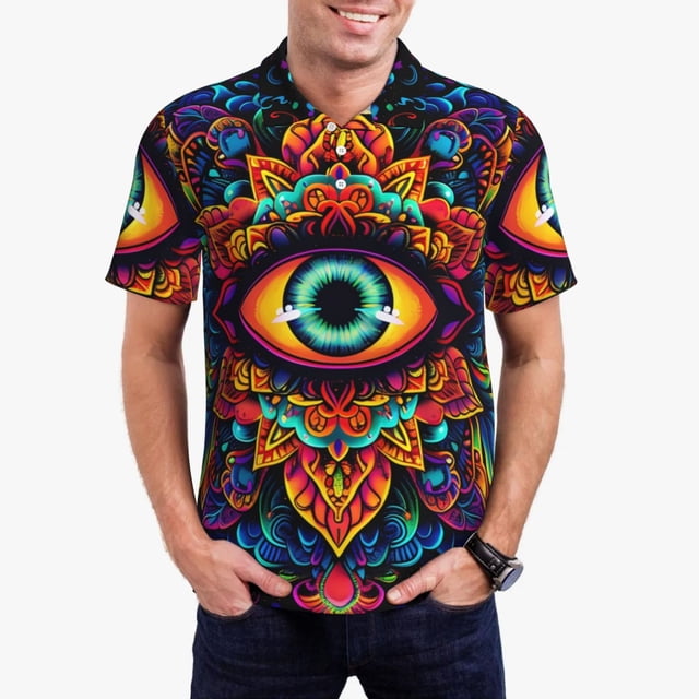 Balery Vibrant Psychedelic Eye Camisa Polo de Hombre con Estampado, de Manga Corta y Tejido Medio, Camisa Tipo Golf Polo-Small