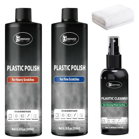 Plastic Polish Kit, Plastic Scratch Remover 14.1oz and Cleaner 3.52oz, Plastic Cleaner and Polish Removes Scratches & Scuffs, Ultra Fine Scratch Remover for Acrylic Surfaces