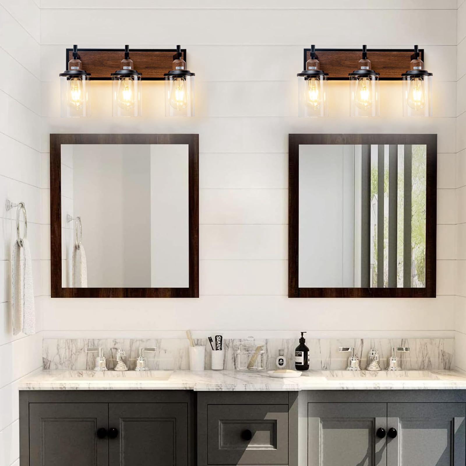 3-light Farmhouse Bathroom Light Fixtures Vintage Vanity Lights Over Mirror Black And Wood Painted Metal With Glass Shades E26 Socket