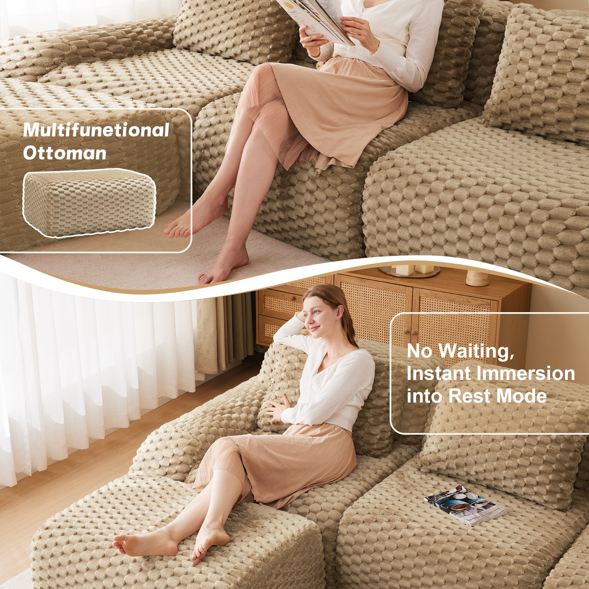 MAYEERTY 146" L-Shaped 4-Seater Modular Sofa, Textured Flannelette, Movable Ottoman, Boneless, No Assembly, Light Camel