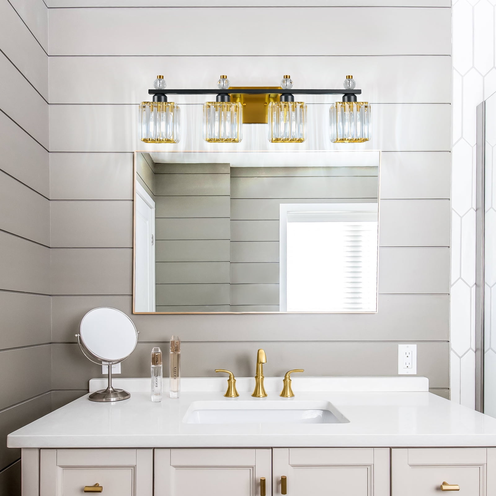 Deyidn Vanity Lights 4-Light Modern Crystal Vanity Light Black Gold Bathroom Light Fixtures Over Mirror Crystal Bathroom Vanity Lighting Fixtures