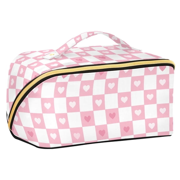 FORMRS Makeup Bag Travel Cosmetic Organizer for Women Fold Flat Zipper Pouch with Handle, Pink Checkered Heart