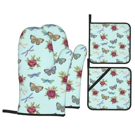 

Oven Mitts and Pot Holders 4 pcs Set Butterfly Dragonfly Carnation Heat Resistant Silicone Oven Mitts Pot Holders for Kitchen Baking Cooking Non-Slip Oven Gloves Hot Pads Potholders