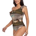 thumbnail image 2 of Gaeub Three Horses Oil Painting Women's One Shoulder Ruffle Tummy Control Swimwear for Swimming Surfing Beach Party - Medium, 2 of 8
