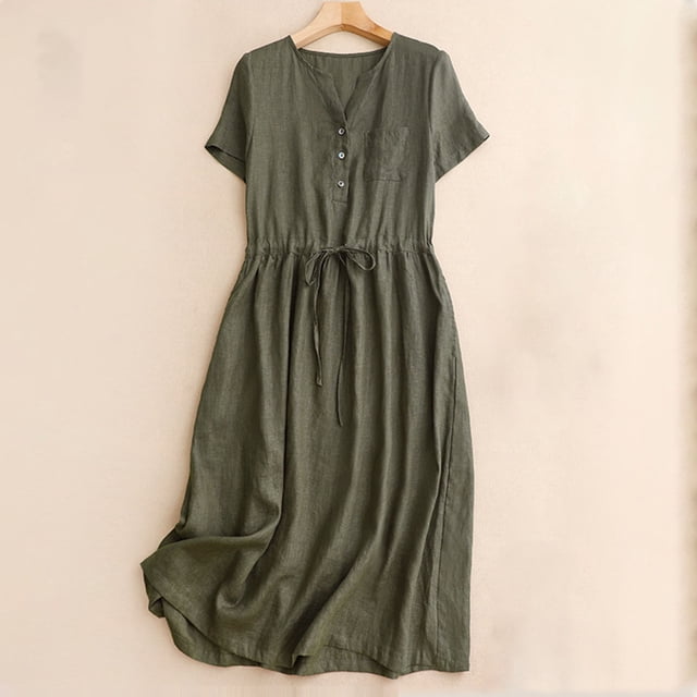 Sentmoon Robes Maxi avec Poches Manches Courtes Col en V Robe de Bureau Décontractée pour Femmes 2026 Été Couleur Unie Coupe Régulière à Cordon Boutonnée Robes de Vacances pour Femmes de Bureau