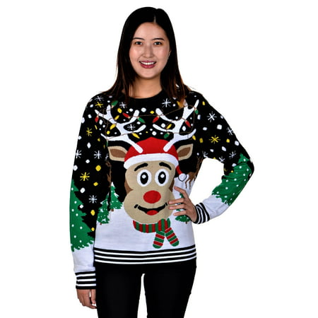 SoCal Look Women's Ugly Christmas Sweaters Rudolph The Red Nose Black