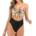 thumbnail image 2 of SWSMCLT Women's High Leg Bathing Suit One Piece Color Block Sexy Cutout Cut Out Brazilian Cheeky Monokini Swimsuit Swimwear V Neck Ruched Front Tie Knotted Open Stomach Floral Yellow 8 10, 2 of 5