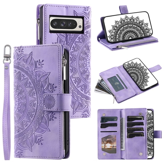Wallet Case for Google Pixel 10A with Card Slots, Embossed Pattern PU Leather Zipper Pocket Kickstand Cover, Shockproof Magnetic Clasp Case with Wrist Strap for Google Pixel 10A, Purple
