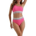 thumbnail image 1 of INSPIRAR CHIC Conjunto de Bikini de Una Sola Manga para Mujeres, 2 Piezas, Cintura Alta, Color con Ribete Trenzado, Trajes de Baño, Pequeño, Rosa Rojo, 1 of 5