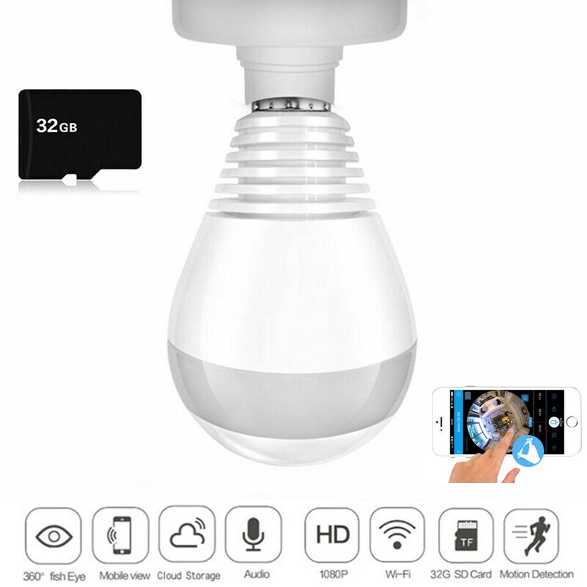 ALING Smart Bulb Camera 360° Panoramic Wifi Camera Light Bulb HD 1080P Security Bulb Camera Home Light Bulb WiFi 3D Vision Camera with 32G SD Card
