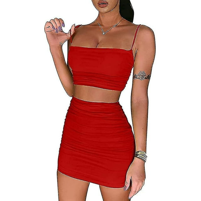 Womens 2 Piece Outfits Set Ruched Cami Crop Top Bodycon Skirt Mini Club Dress