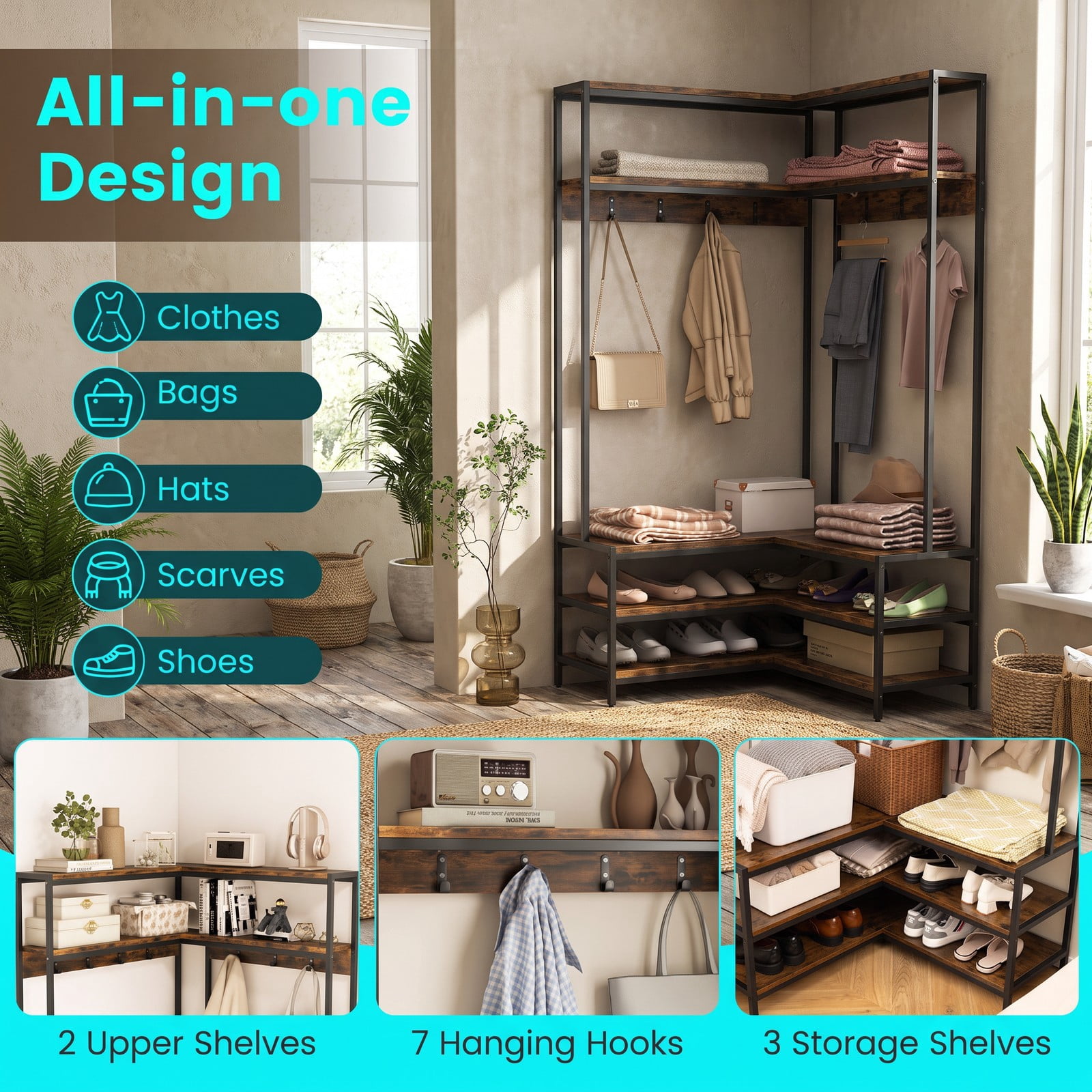 Furnibear L-Shaped Corner Garment Rack with Open Shelves 7 Hooks and Shoe Bench for Bedroom and Entryway Storage, Rustic Brown