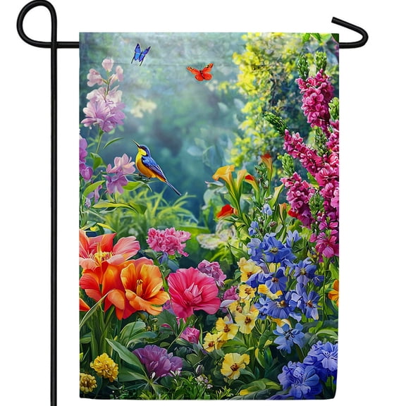 America Forever Summer Garden Bird Flag, 12.5 x 18 inch Double Sided, Flowers Butterfly Wildlife, Spring Cottage Nature