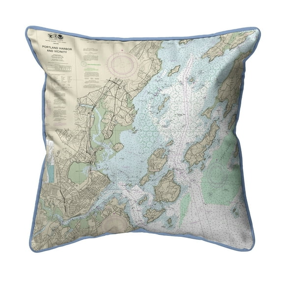 Betsy Drake Interiors Portland Harbor and Vacinity, ME Nautical Map - Light Blue Cord Small Corded Indoor/Outdoor Pillow 12x12
