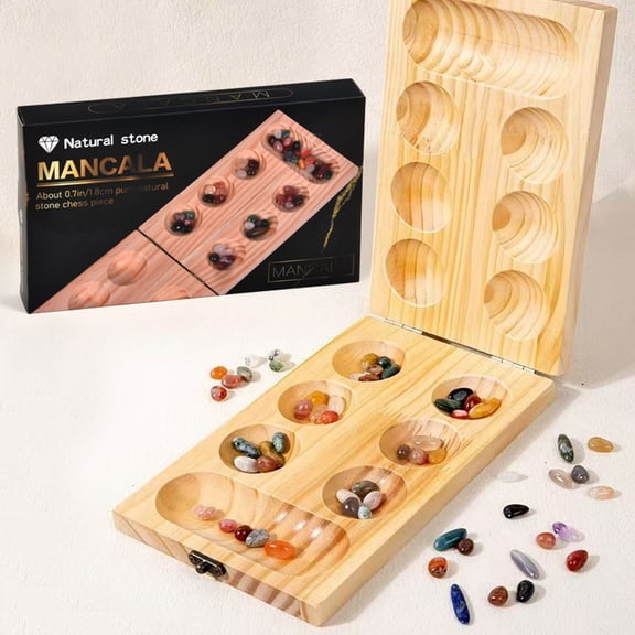 TAETOE Wooden Mancala Board Game Set with 72 8 Bonus Multi Color Glass Stones - Folding Board - Mancala Instructions, Classic Family Board Game for Kids Adults, Tabletop Version