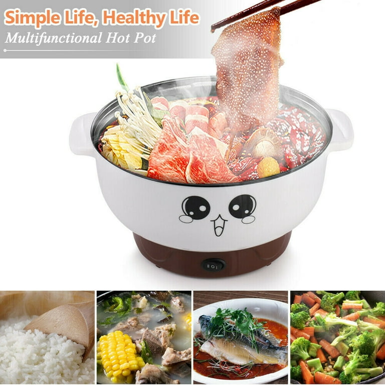 Multifunctional Non-Stick Electric Skillet, 2.3L Stainless Steel Hot Pot  Round Frying Pan Steamed Egg Mini Heating Pan Cooker With Steamer 