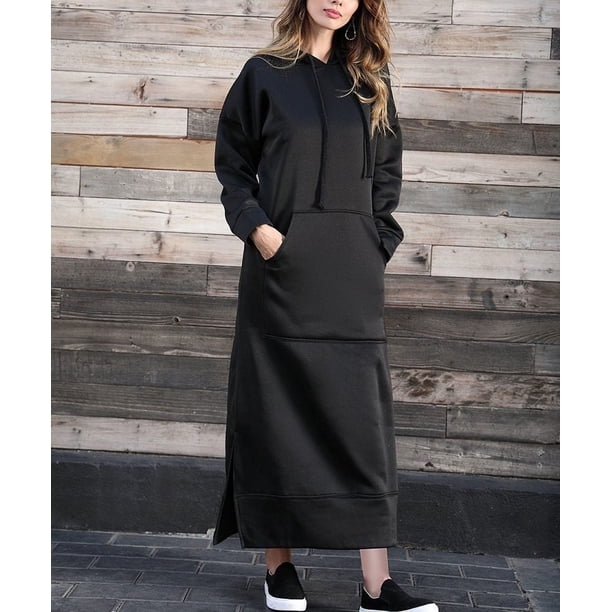 Vestido largo de punto suelto con capucha para mujer, vestidos casuales cálidos de felpa con bolsillo grande, Otoño e Invierno