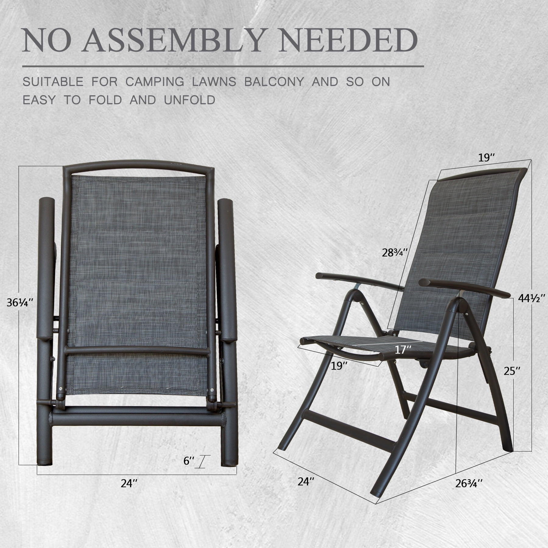 TOTAL Outdoor Folding Patio Chairs Set of 2, Aluminium Frame Reclining Sling Lawn Chairs with Adjustable High Backrest,Camping,Porch,Balcony (Double-Layered Textilene Fabric)