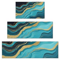 Blue Gold Wave Marble Pattern Kitchen Rugs Sets Of 3,Kitchen Runner Rugs Non Skid Washable,Decorative Kitchen Floor Mats for Kitchen,Sink,Laundry,17"x30"  17"x47"   17"x59"