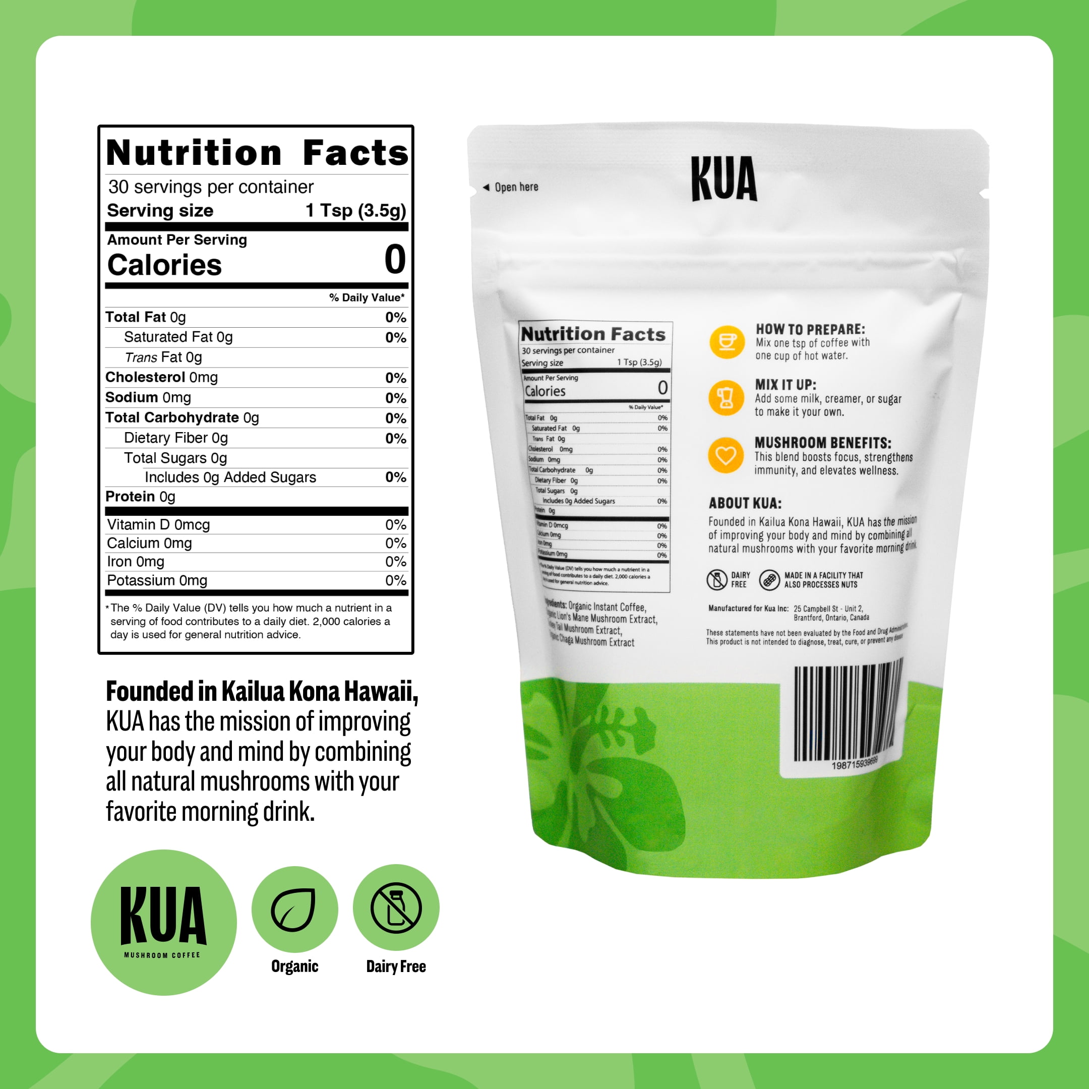 KUA Mushroom Coffee Lions Mane, Turkey Tail, Chaga Enhanced Energy, Improved Mood, Healthier Gut, Stronger Immunity 30 Servings