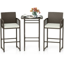 Gymax Set Of 3 Patio Bar Set Wicker Table & Armchairs w/ 2 Cushions & Glass Tabletop