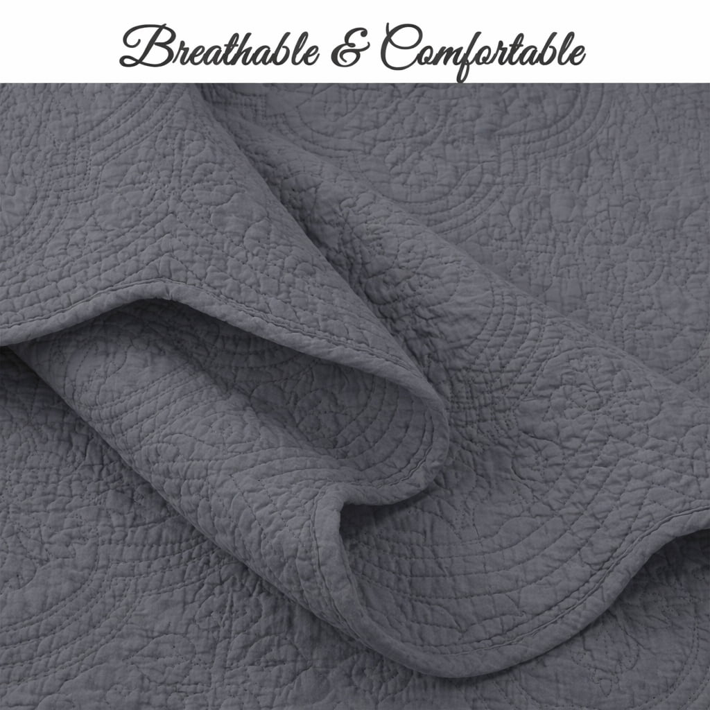 Victorian Medallion Matelassé Pure Solid Gray Scalloped Edge Cotton Quilt Bedding Set