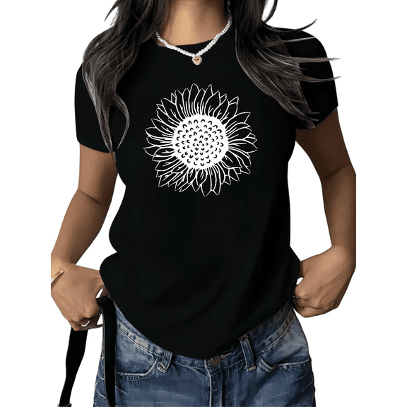 Cozymy Women's Sunflower Line Art T-Shirt Minimalist Botanical Outline Short Sleeve Crewneck Top S-5XL