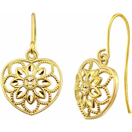 10kt Gold Petite Vintage Flower Heart Drop Earrings