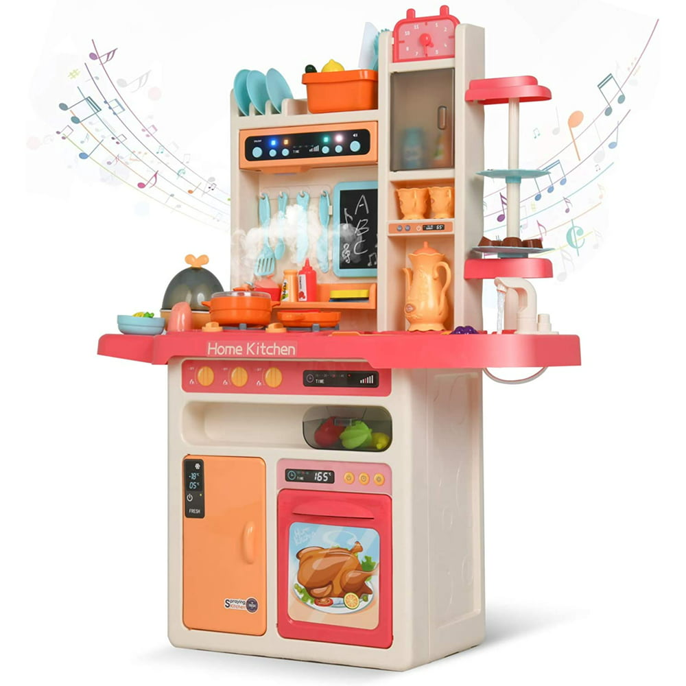 Uenjoy Kids Mini Kitchen Playset Plastic Pretend Play Kitchen with Realistic Lights & Sounds