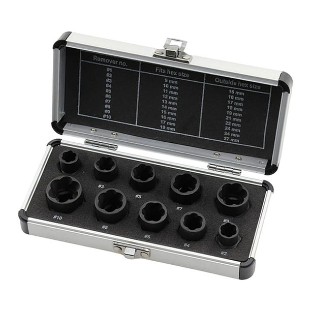 Extractor de tuercas de impacto (10 unidades) para quitar pernos dañados. Compatible con cabezales de 9, 10, 11, 12, 13, 14, 15, 16, 17 y 19 mm. Caja grande, práctica y resistente.