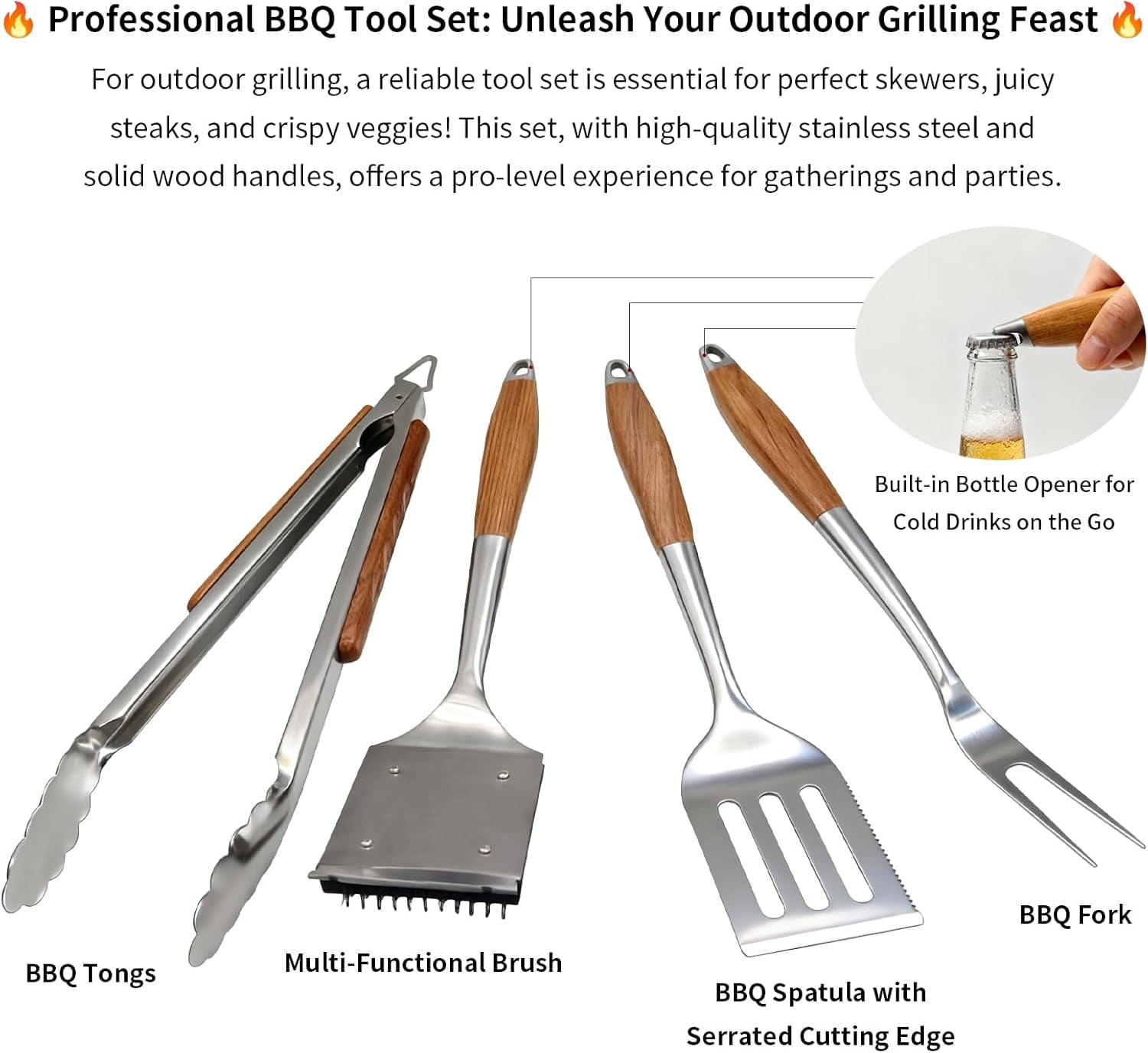 BBQ Grilling Accessories, Outdoor Grill Set with Spatula, Fork, Brush & Tongs, Stainless Steel Grilling Tools with Non-Slip Wooden Handle