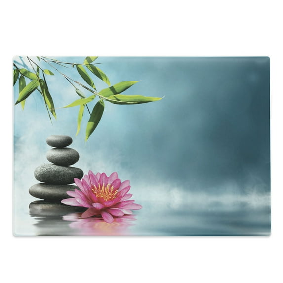 Spa Cutting Board, Theme Lily Lotus Flower and Rocks Yoga Style Purifying Your Soul Theme, Decorative Tempered Glass Cutting and Serving Board, Large Size, Blue Pink Green, by Ambesonne