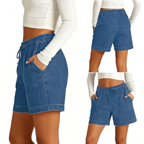 Hilenly Jean Shorts for Women High Waisted Pull On Drawstring Elastic Waist Trendy Stretchy Denim Jorts Summer Shorts