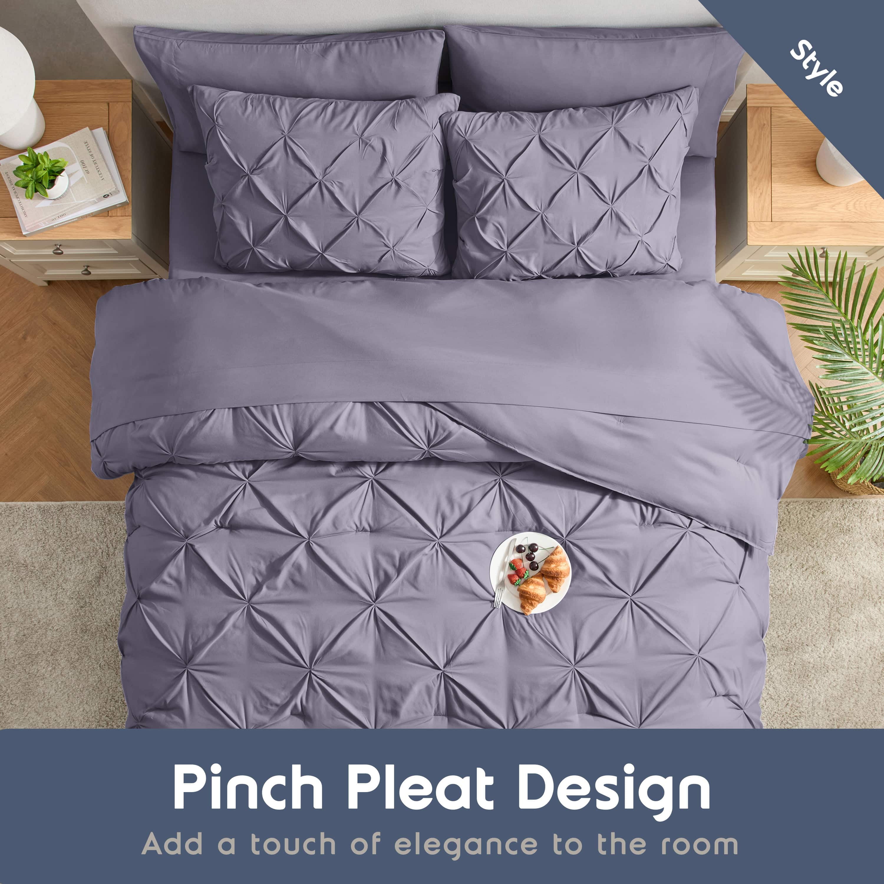 LammaLoe Twin Comforter Sets, 5 Piece Bed In A Bag Pintuck Bedding Sets, Grayish Purple