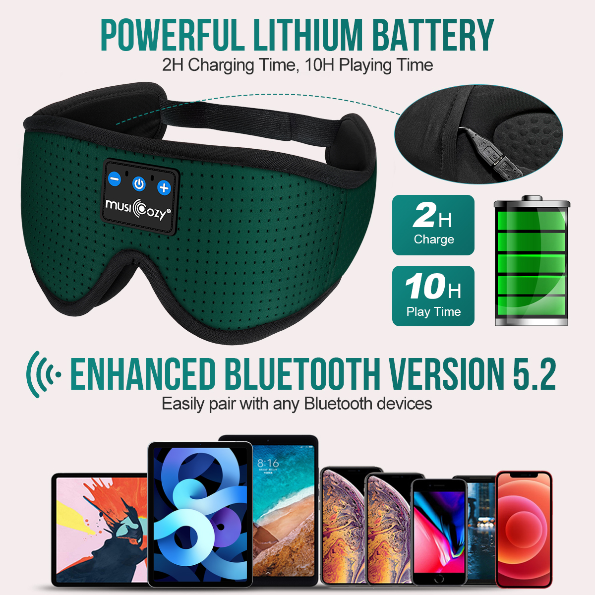 MUSICOZY Sleep Headphones Breathable Bluetooth Headband 3D Sleeping Headphones, Wireless Music Eye Mask Sleep Earbuds for Side Sleeper Women Office Air Travel Cool Tech Gadgets Unique Gifts Green