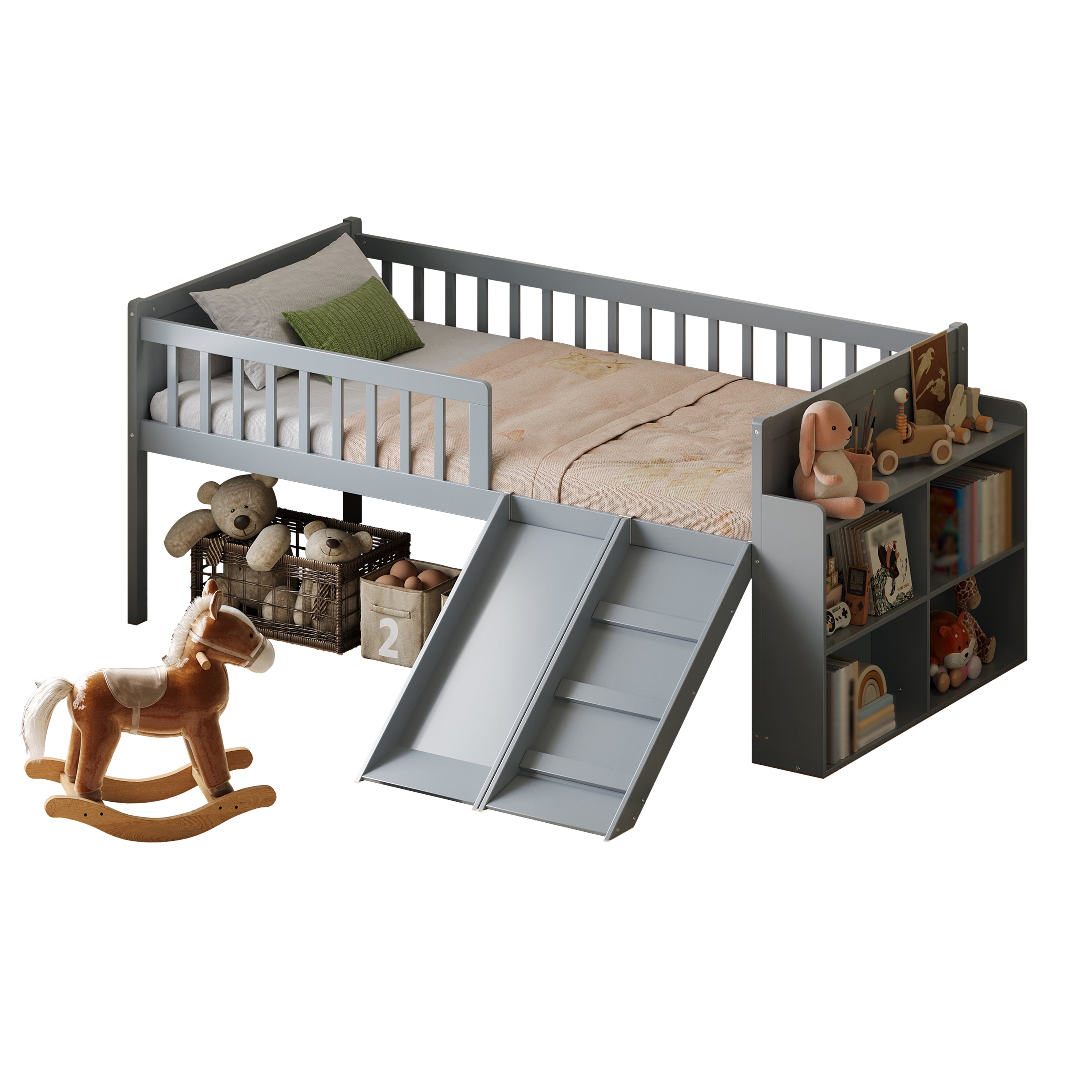 Euroco Wood Twin Size Loft Bed with Slide, Storage Bed with Guardrail ans Shelves, Gray