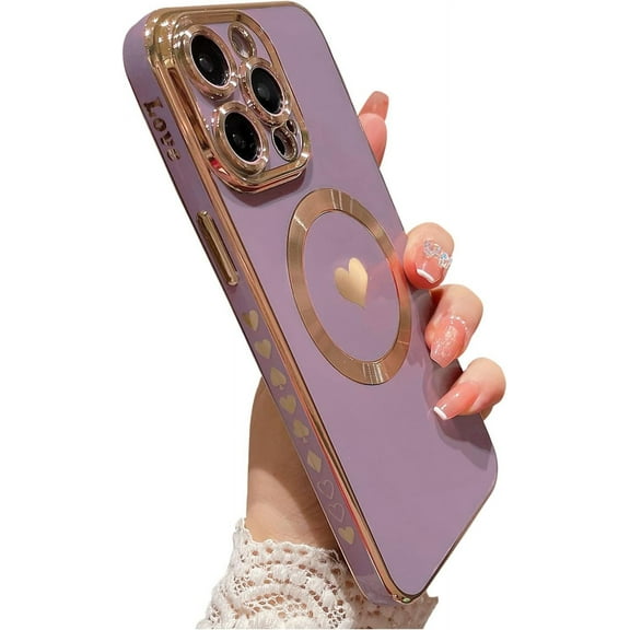 for iPhone 13 Pro Case Compatible with MagSafe, Luxury Love Heart Soft Phone Case, Full Camera Lens Protection Magnetic Case for iPhone 13 Pro for Women Girls (6.1") - Light Purple