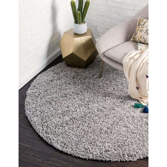 Rugs.com Solid Shag Collection Rug – 4 Ft Round Cloud Gray Shag Rug Perfect For Kitchens, Dining Rooms