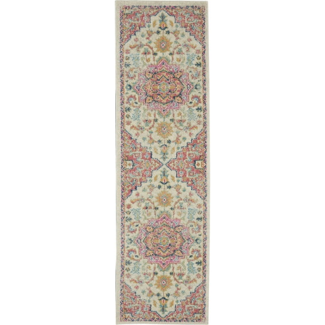 homeroots home decor 385587 2’ x 6’ Ivory and Pink Medallion Runner Rug