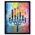 thumbnail image 1 of Jewish Menorah Candles Multicolour Folk Art Watercolour Painting Art Print Framed Poster Wall Decor 12x16 inch, 1 of 5