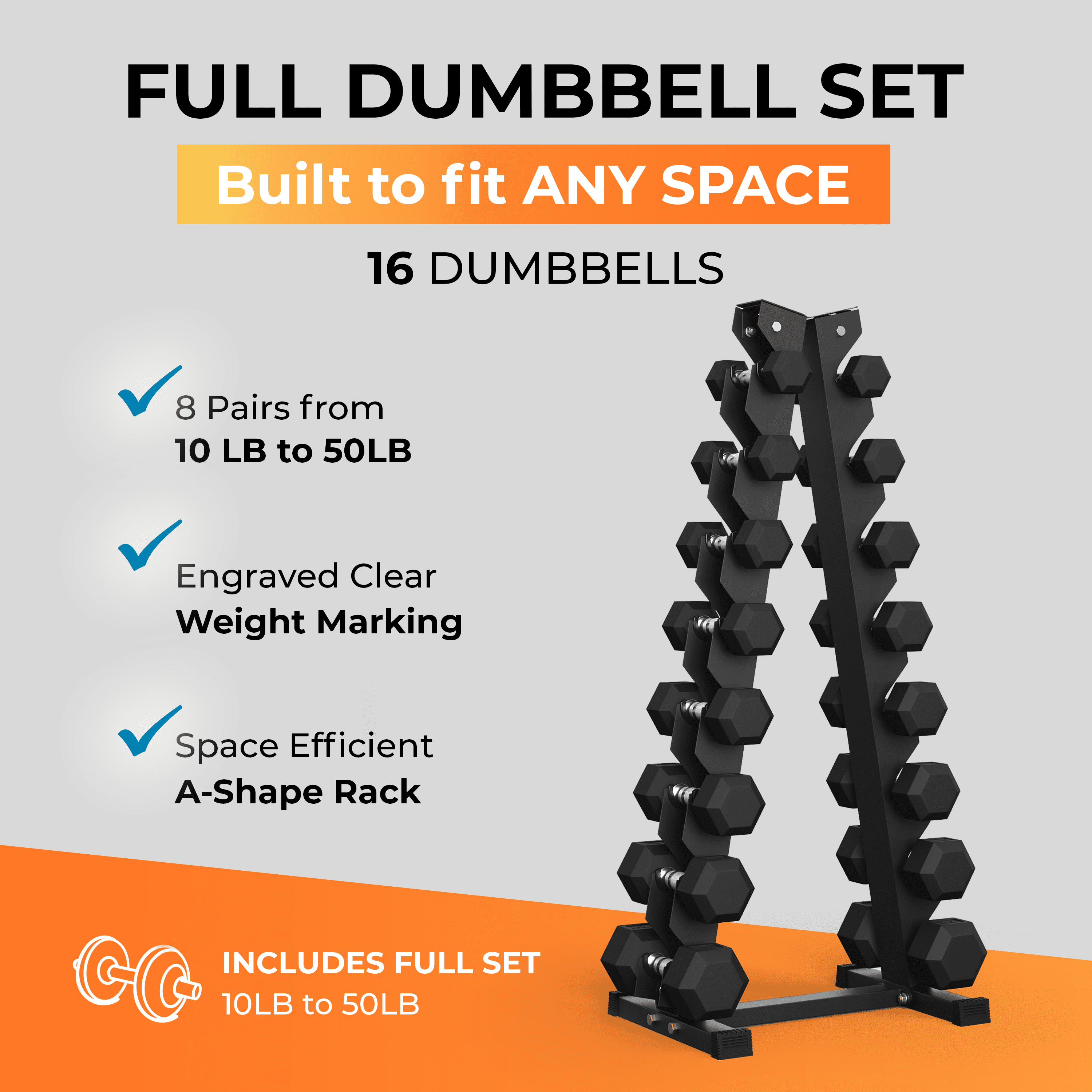 Rubber Hex Dumbbell Set with Rack, 8 Pair of 10-50 lb (450lbs) Rubber Coated Dumbbell Set with Rack Stand, Weight Rack with Dumbbells