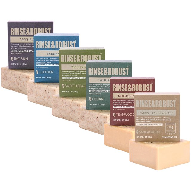 Rinse & Robust Jabón en barra natural para hombres 6 piezas Juego de barras de jabón limpiador hecho a mano Jabón exfoliante hidratante y exfoliante Regalos para hombres 6 aromas diferentes 3.5 oz de