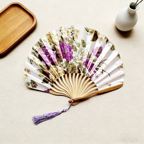 Classic Silk Folding Fan, Durable Bamboo Rib Hand Fan for Wedding Stage Photography Decor C
