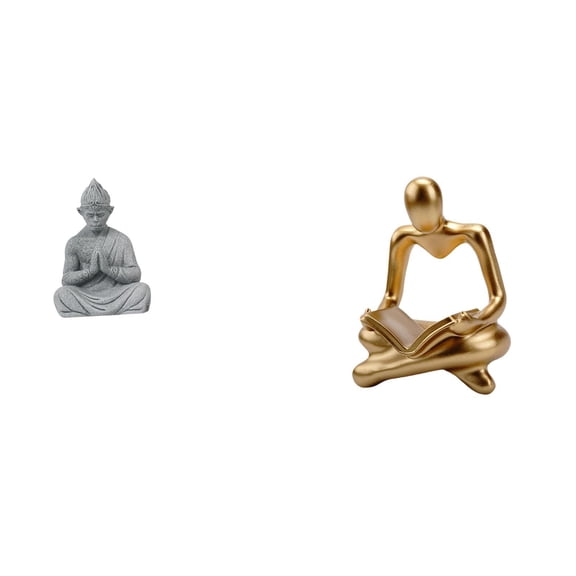 2 Pieces Abstract Thinker Statue Monkey Buddha Figurine Sandstone Resin Design for Living Room Meditation