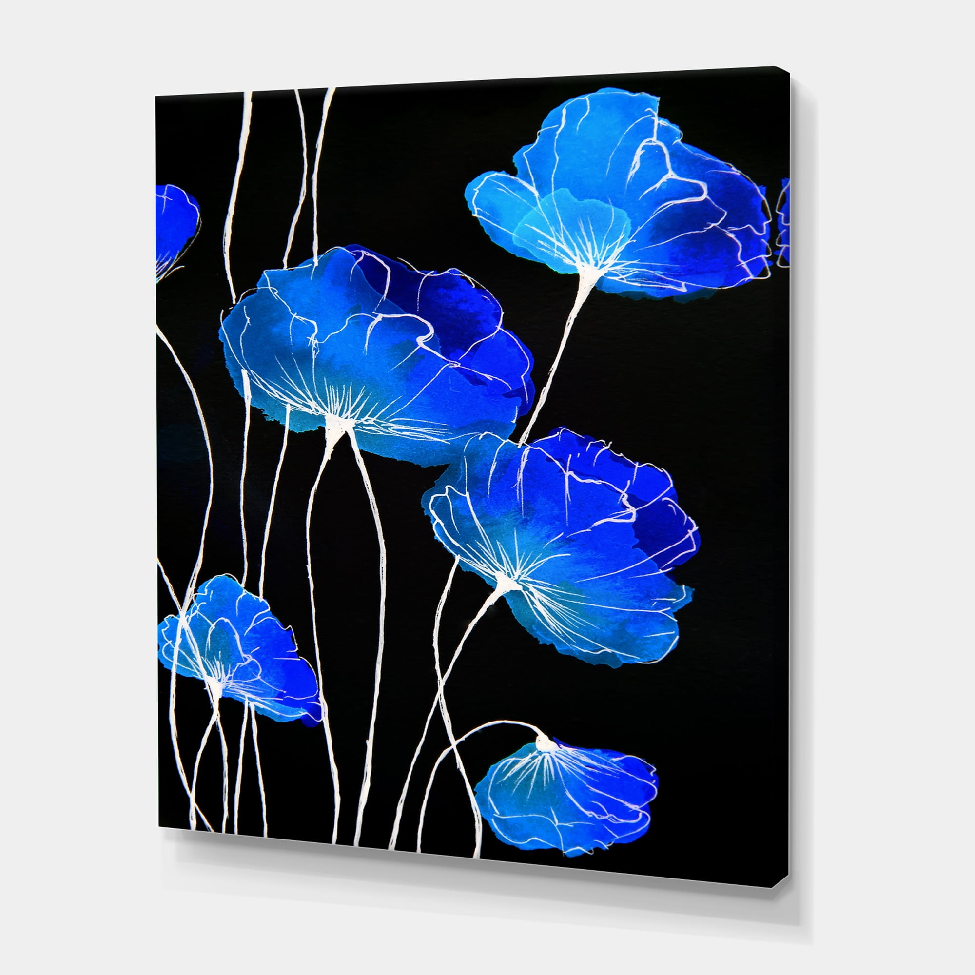 Designart ' Detail of Blue Flowers On Black Background II ' Traditional Canvas Wall Art Print