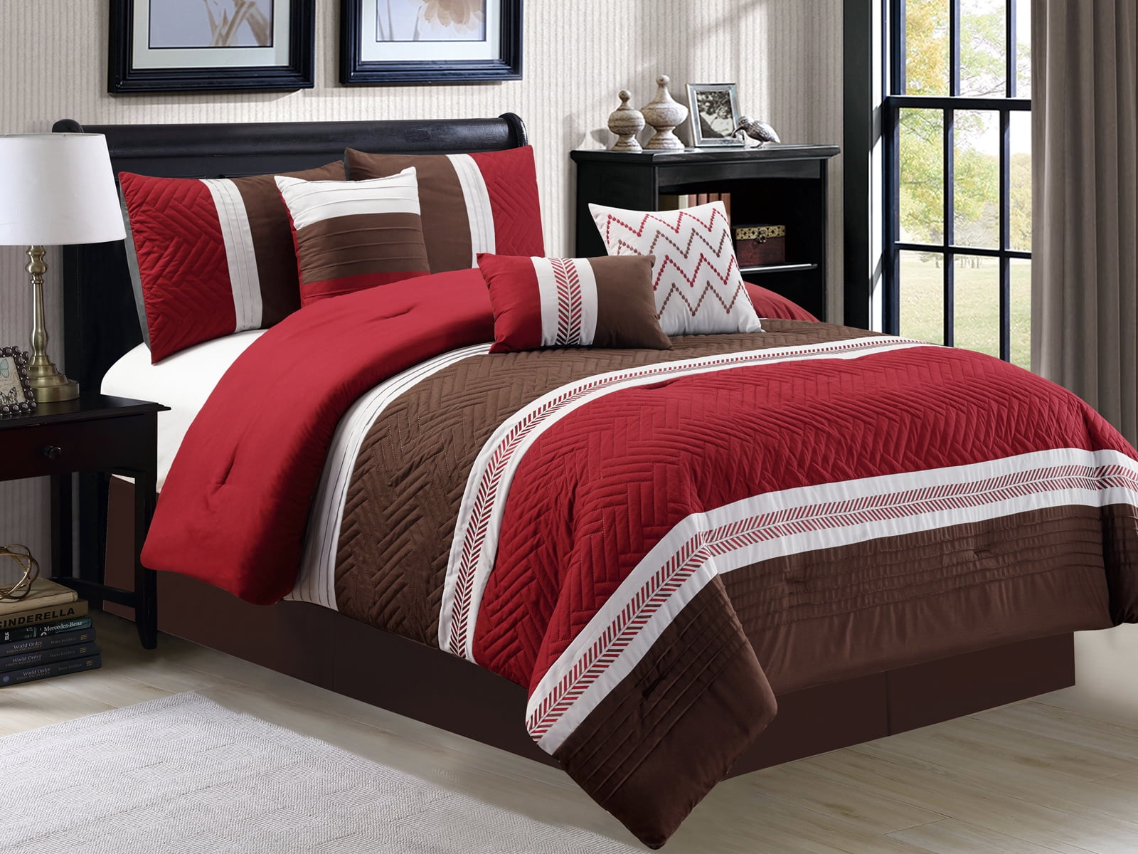 7 Piece Ravi Embossed and Pleated Comforter Set Bed-In-A-Bag Queen, Burgundy 