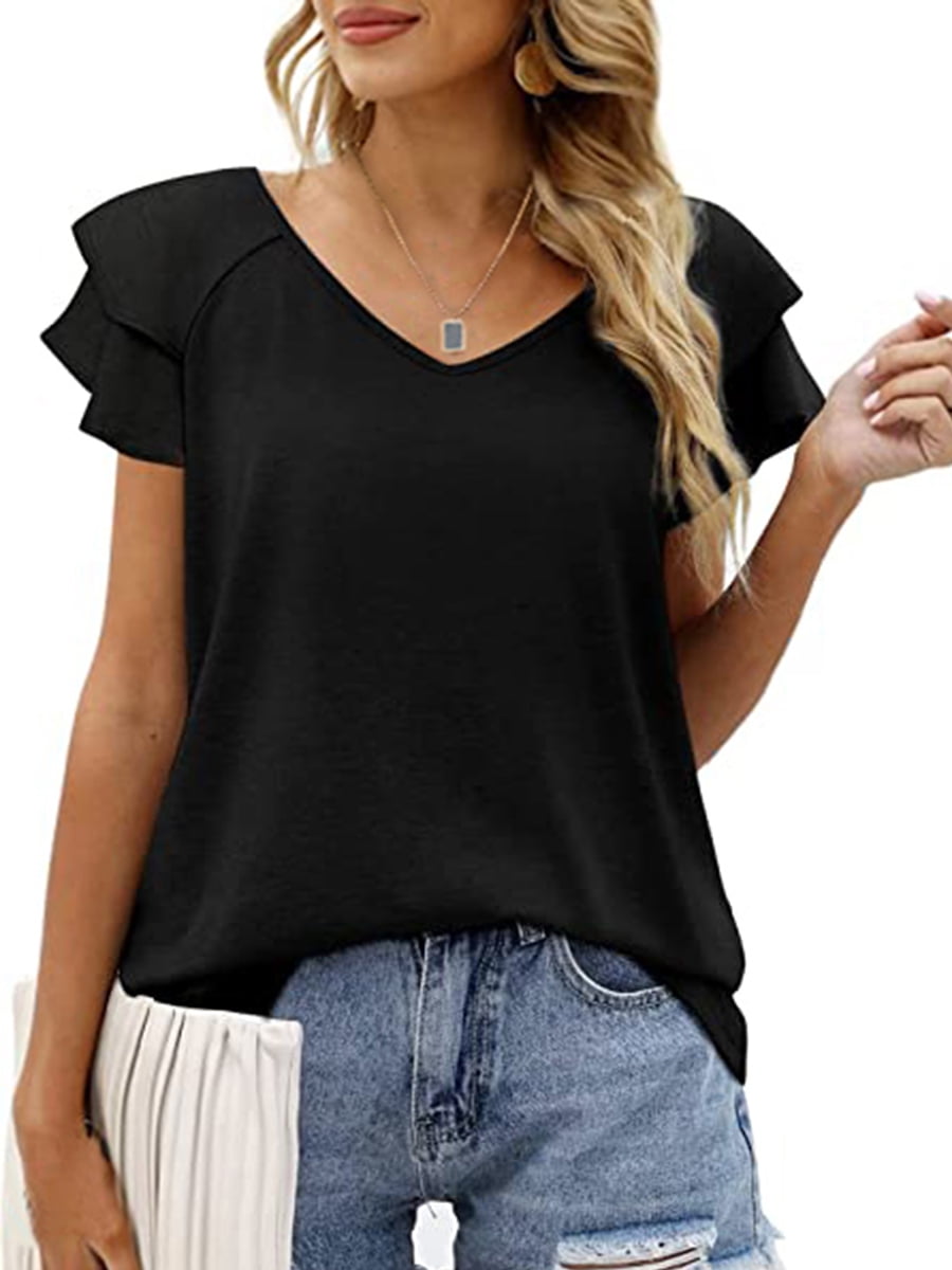 Mengpipi Womens Tops 2023 Summer Double Ruffle Short Sleeve V-Neck ...