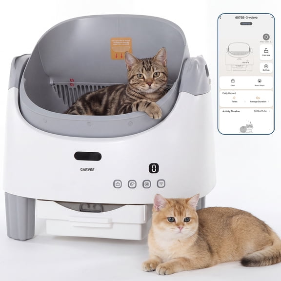 Smart Self-Cleaning Cat Litter Box, App-Controlled Automatic Cat Toilet for Multiple Cats, Hands-Free Cleaning, Odor Control, US Standard, Gray White