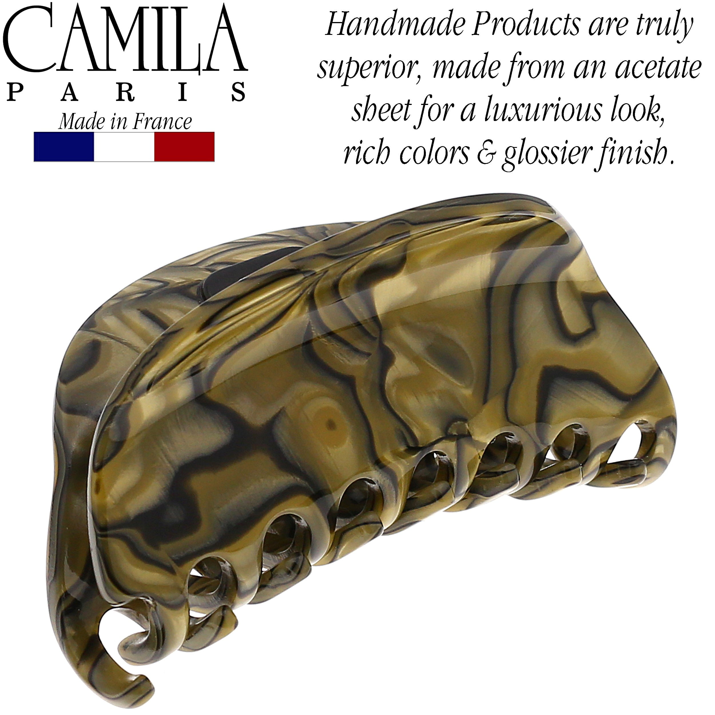 Camila Paris CP2958 French Hair Ponytail Holders Ties, Flower, Handmade, Gray, Strong Hold Grip Hair Clips for Women, No Slip and Durable Styling Girls Hair Accessories, Made in France
