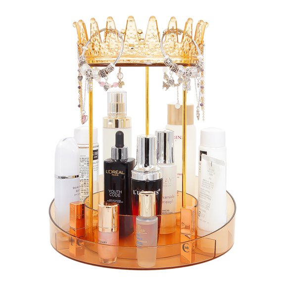 Rotating Vanity Makeup Organizer, 2 Tier Skincare Organizer with Jewelry Organizer, Cosmetic Organizer for Countertop, Makeup Storage Perfume Organizer for Dresser, Counter, Bathroon (Gold)